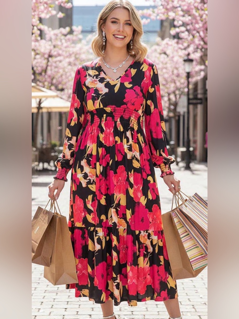 Black Floral Maxi Dress with Pink & Yellow Bloom - Women